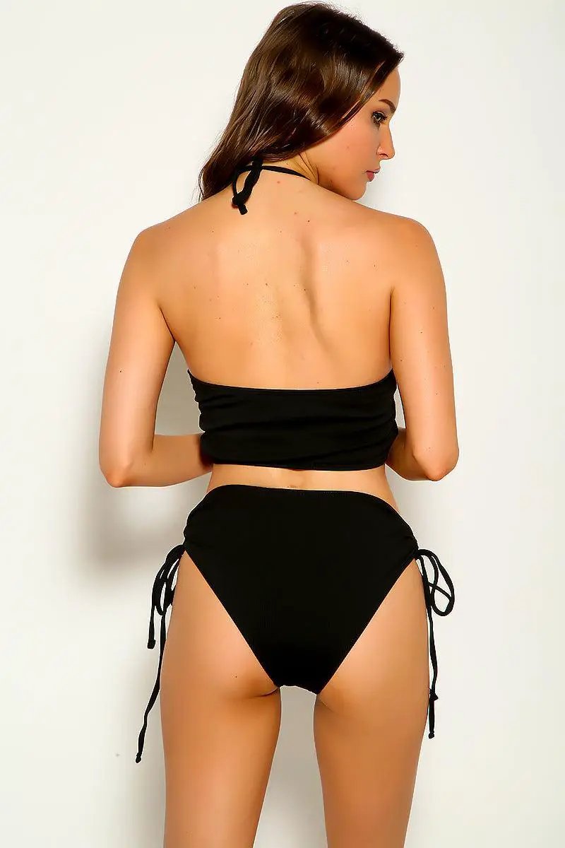 Black Ruched V-Cut Sexy Two Piece Swimsuit