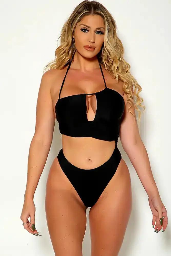 Black Sexy Halter Cut Out One Piece Swimsuit