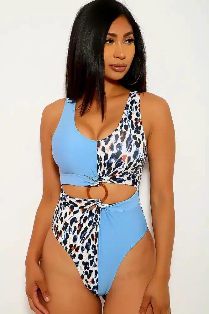 Blue Leopard Print One Piece Swimsuit