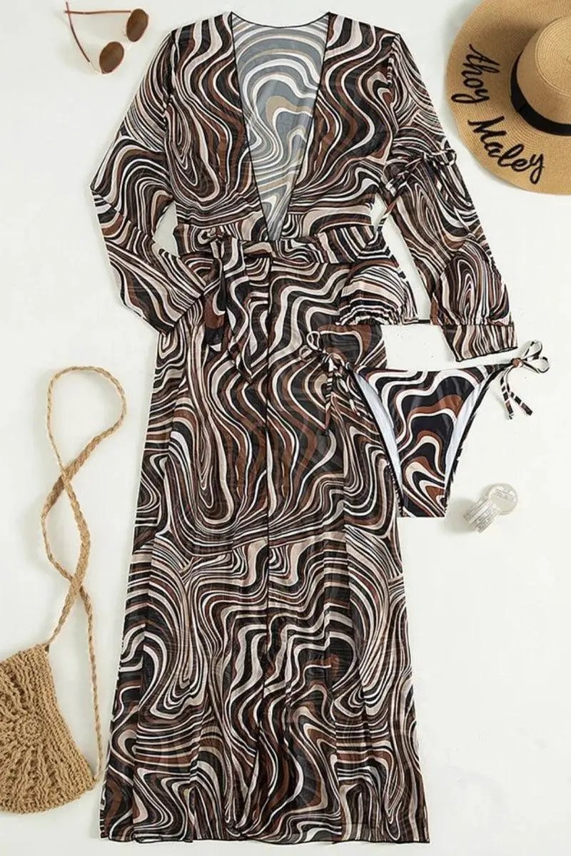 Coffee White Geometric Print 4 Piece Swimsuit