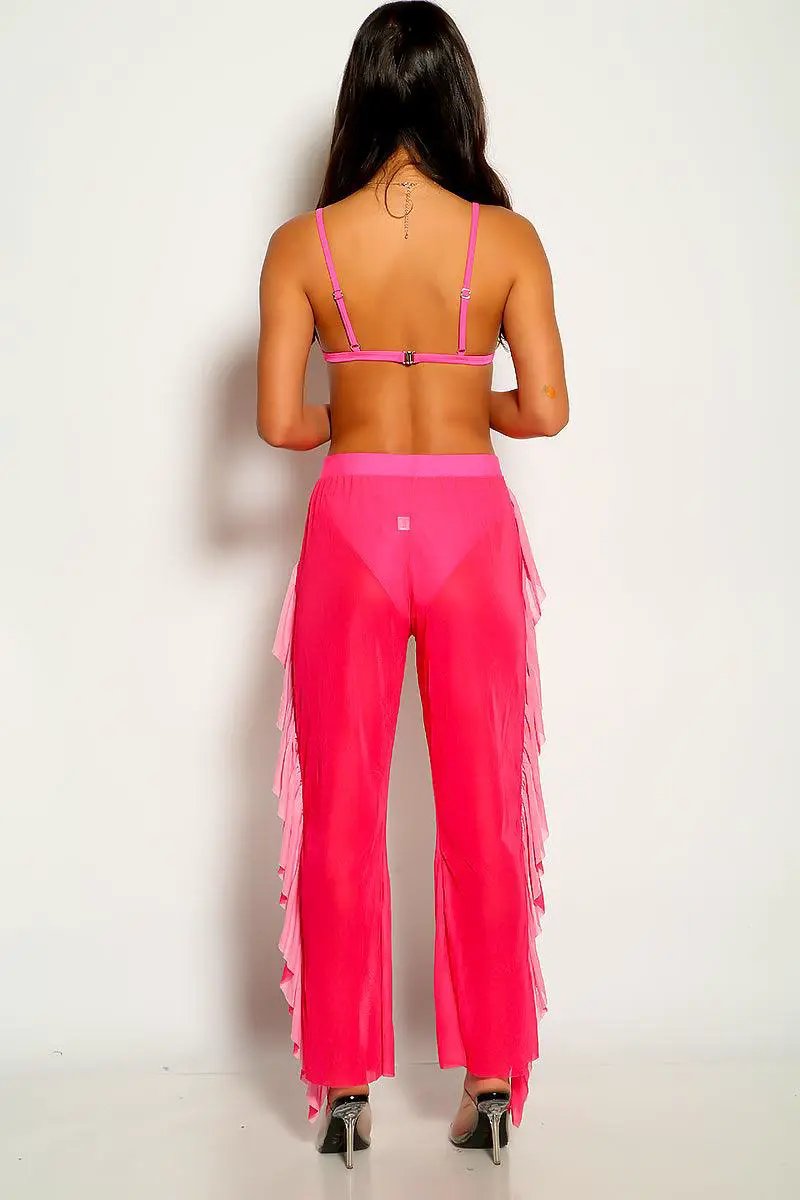 Fuchsia Mesh Ruffled Sexy Three Piece Swimsuit
