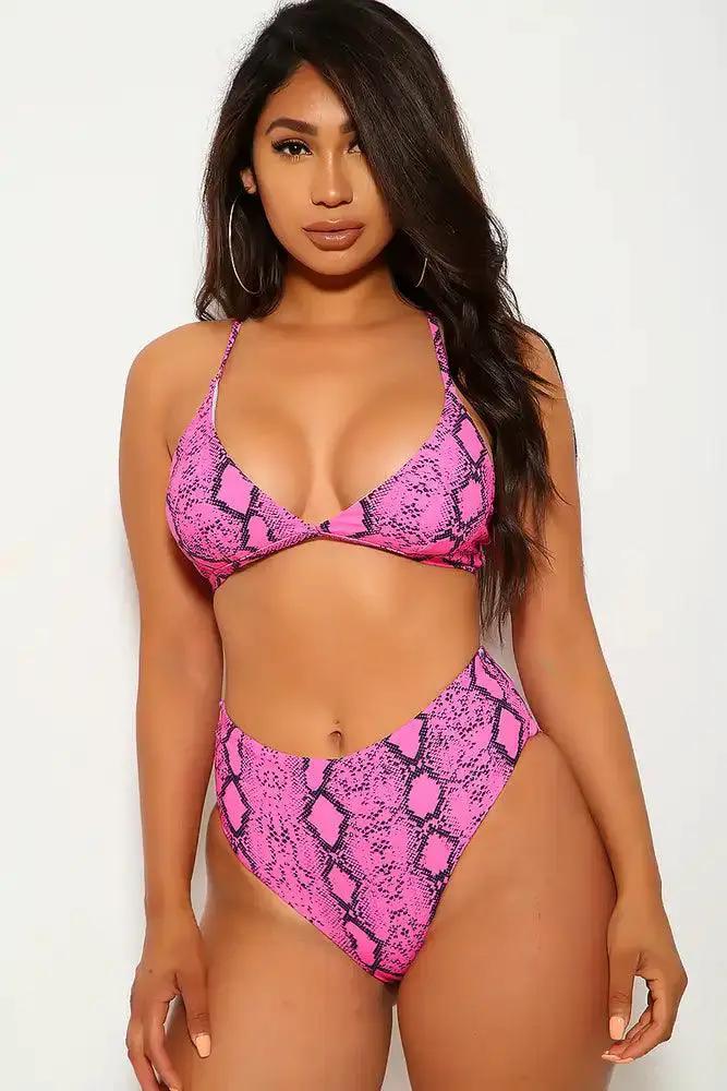 Fuchsia Snake Print High Waist Two Piece Swimsuit