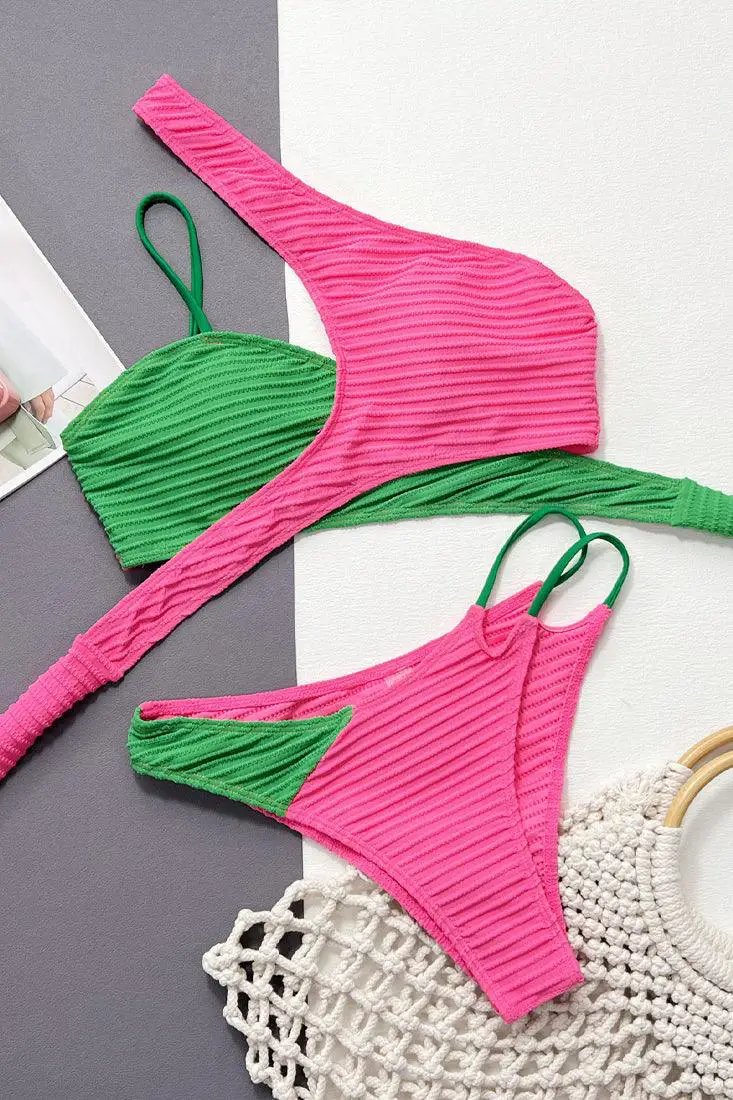 Green Pink Color Block Textured Strappy Tie Cheeky 2Pc Swimsuit Set