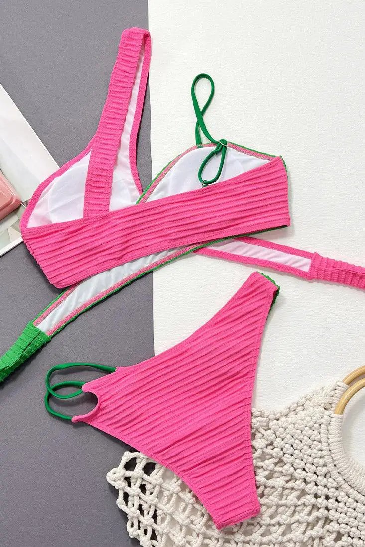Green Pink Color Block Textured Strappy Tie Cheeky 2Pc Swimsuit Set