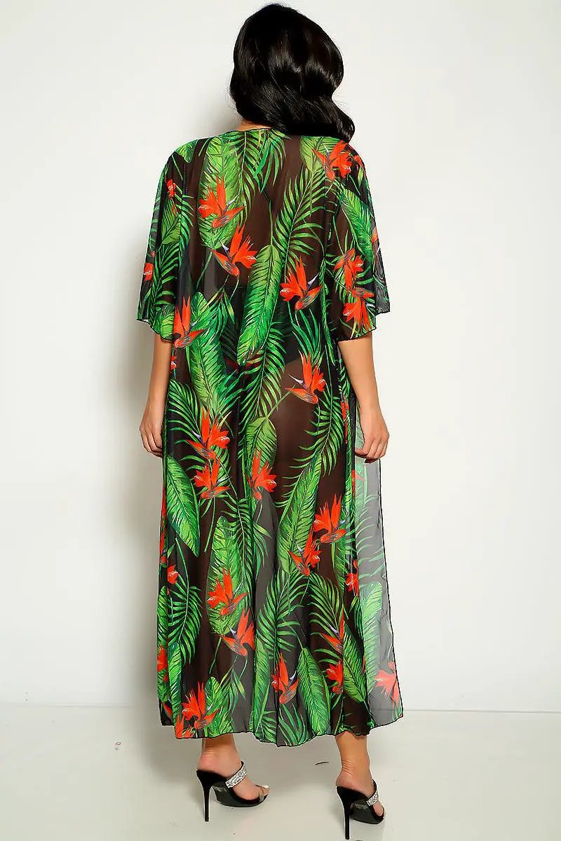 Green Red Tropical Print Two Piece Monokini Swim & Cover-up Set
