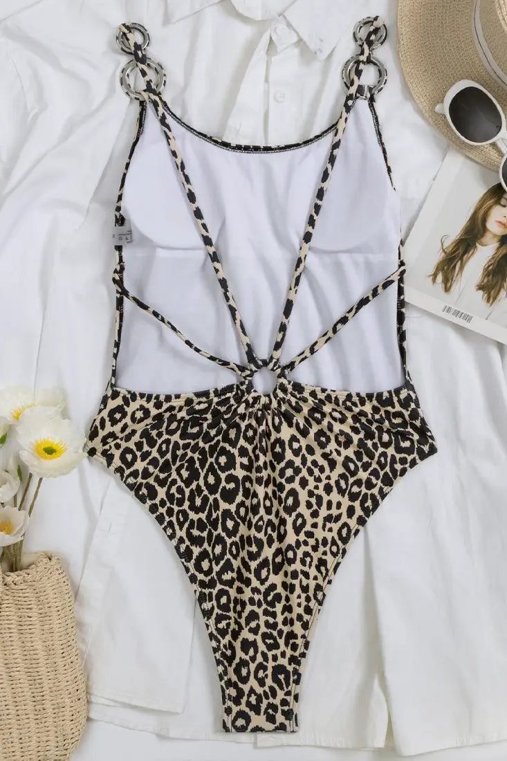 Leopard Print Multi Ring Decor V-Cut Backless Strappy 1 Pc Sexy Swimsuit Monokini