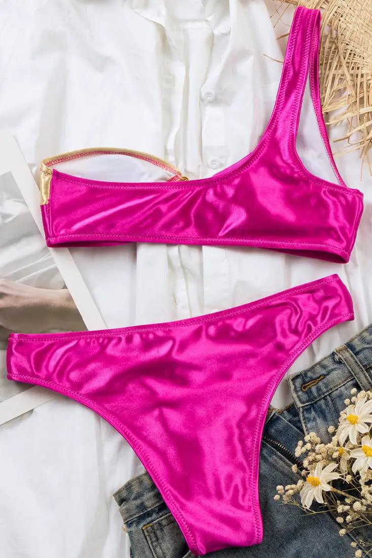 Metallic Pink Gold Sea Shell One Shoulder Cheeky 2 Pc Sexy Swimsuit Bikini Set