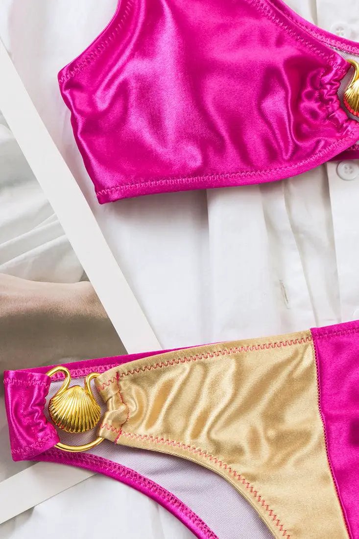Metallic Pink Gold Sea Shell One Shoulder Cheeky 2 Pc Sexy Swimsuit Bikini Set