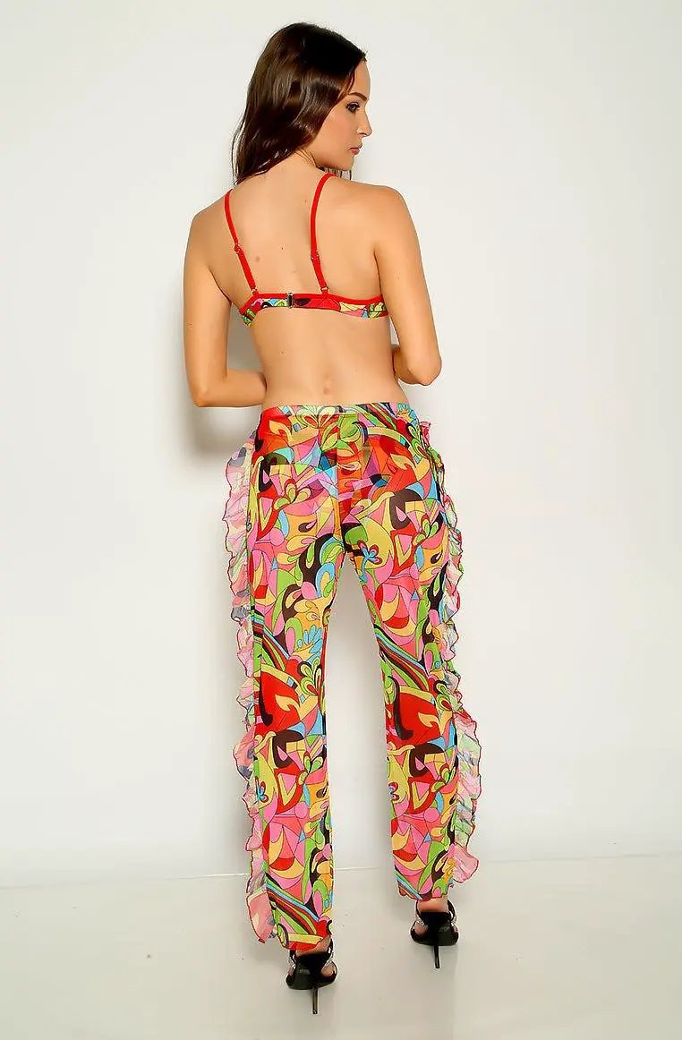 Multi Graphic Print Ruffled Sexy Three Piece Swimsuit