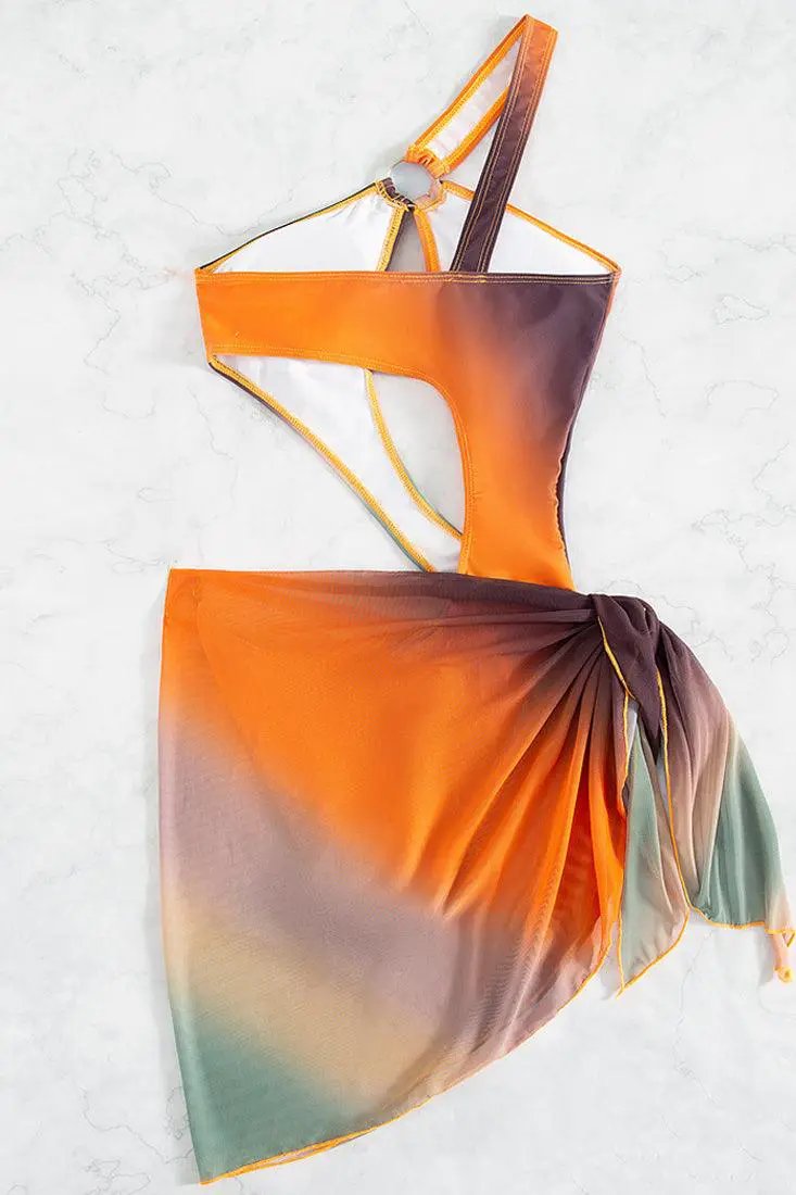 Multi Ombre O-Ring Asymmetrical One Shoulder Monokini With Cover Up