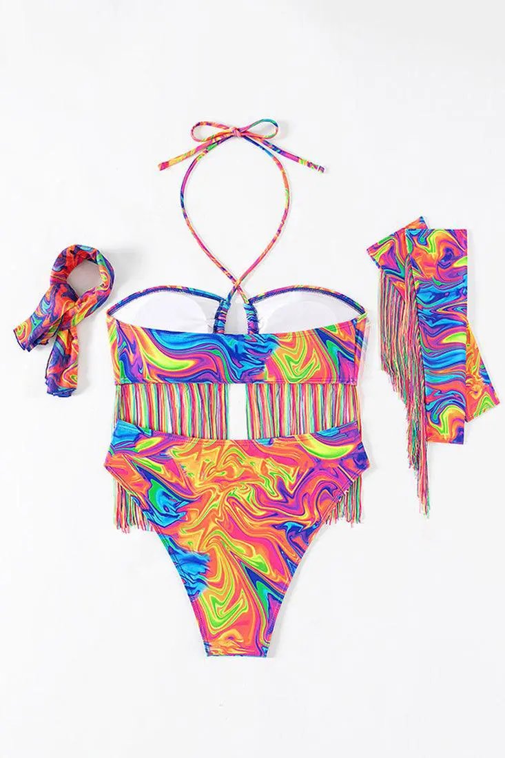 Multi Printed Fringe Halter High Waist Gloves Scarf 5Pc Swimsuit Set