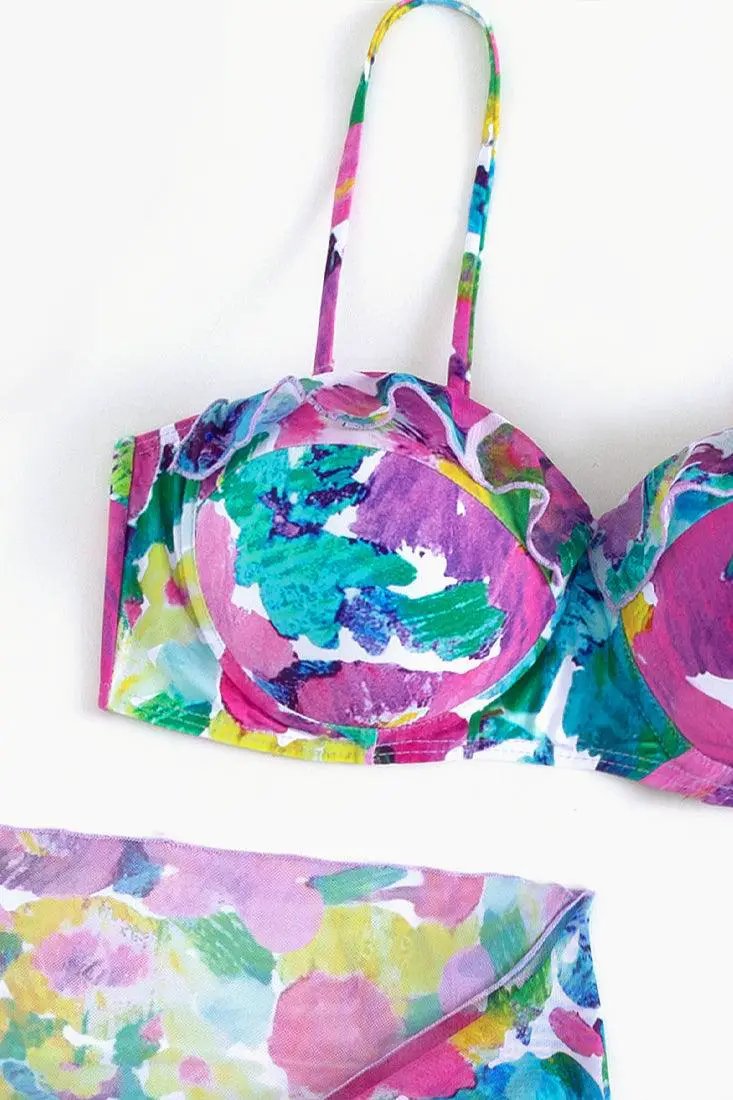 Multi Tie Dye Print Padded Push Up Three Piece Sexy Swimsuit Cover Up