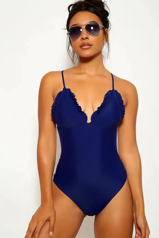 Navy One Piece Ruffled Swimsuit