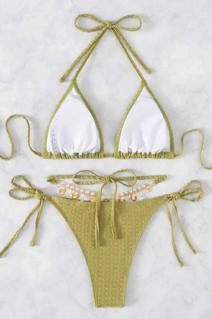 Olive Faux Pearl Triangle Strappy Halter 2 Pc Bikini Set