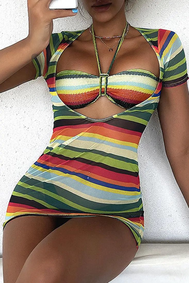 Orange Green Striped Three Piece Swimsuit