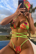 Orange Lime Graphic Print Strappy Three Piece Swimsuit