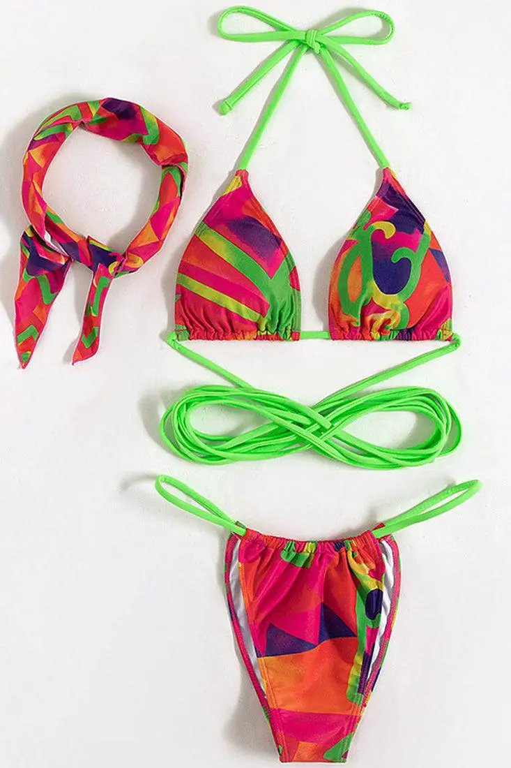 Orange Lime Graphic Print Strappy Three Piece Swimsuit