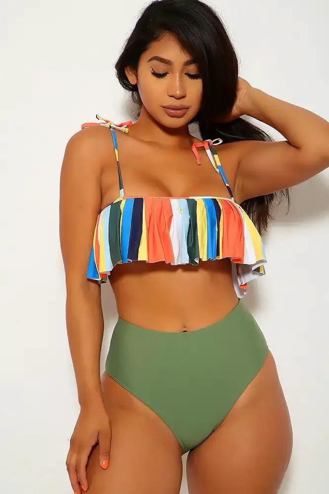 Orange Olive Striped Two Piece Swimsuit