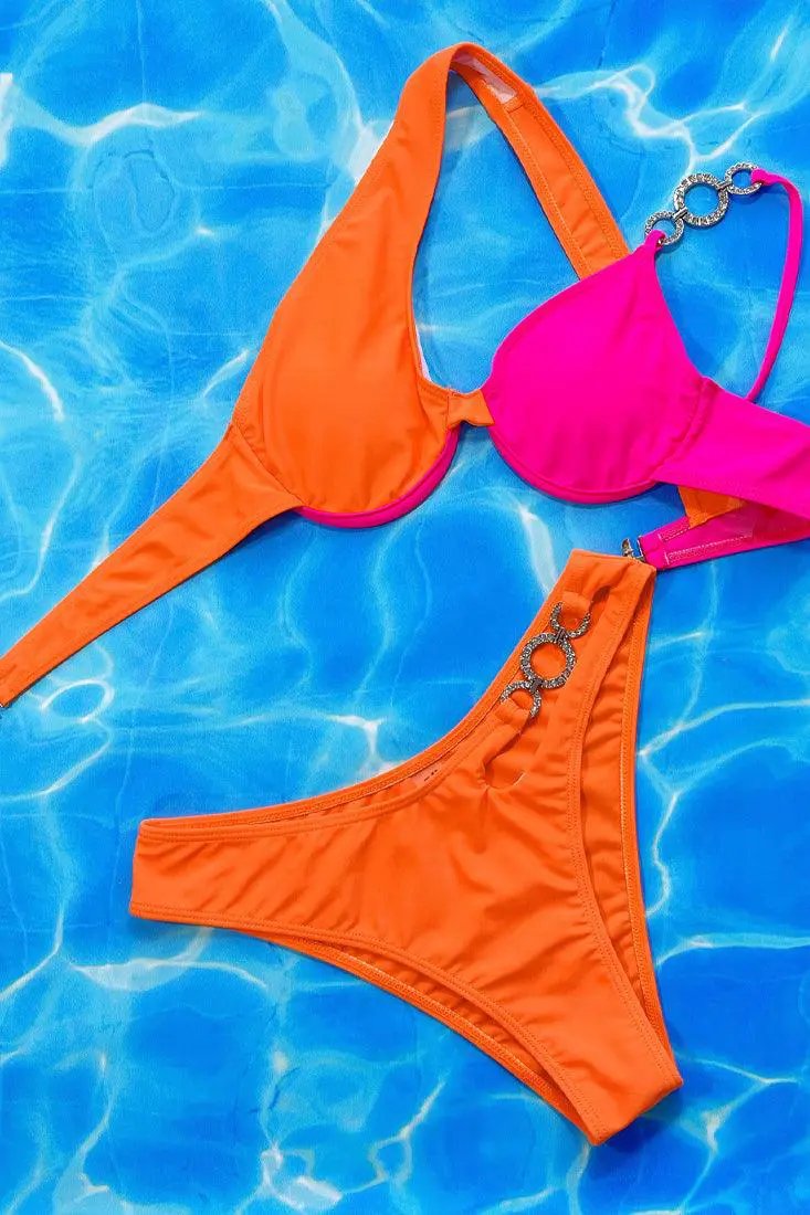 Orange Pink One Shoulder Rhinestone Ring 2 Pc Swimsuit
