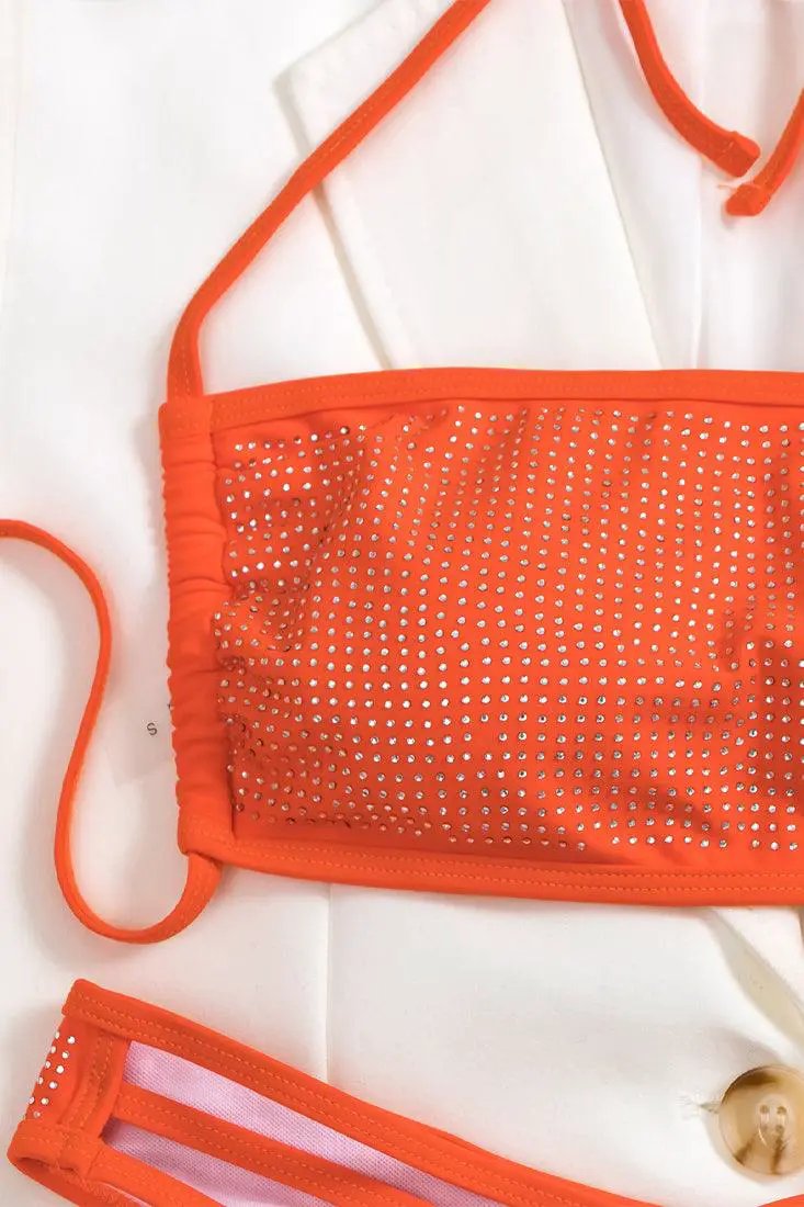 Orange Rhinestone Covered Strappy Cut Out 2 Pc Sexy Swimsuit Set Bikini