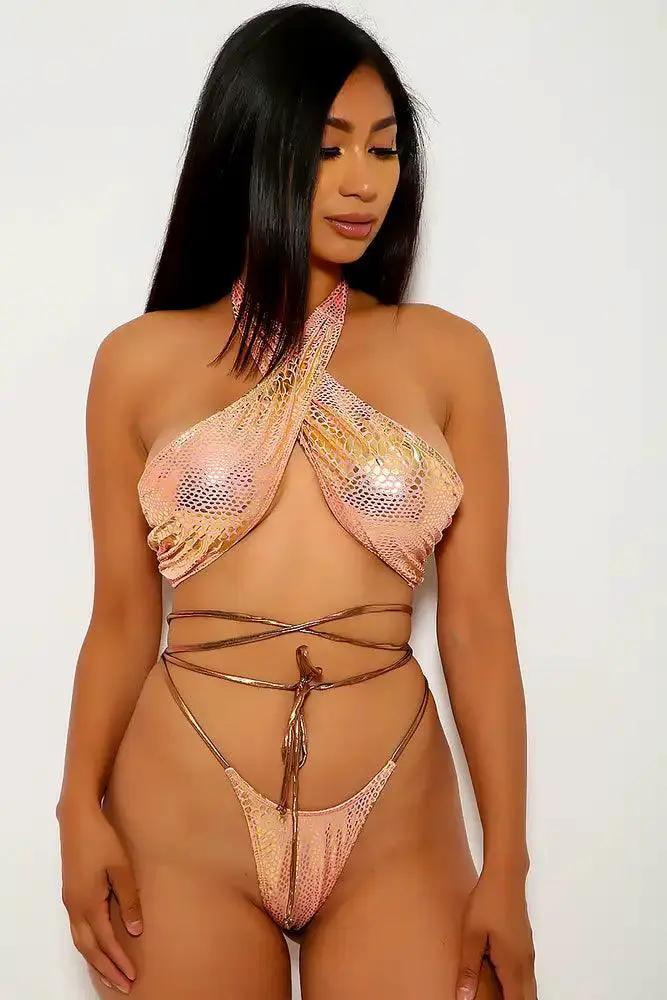 Peach Gold Snake Print Strappy Two Piece Swimsuit