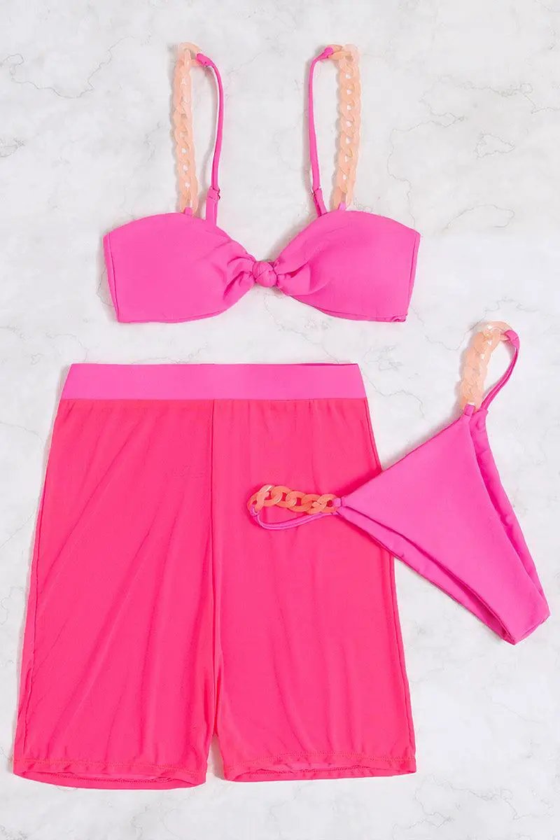 Pink Chain Straps Tie Knot Sexy Three Piece Swimsuit