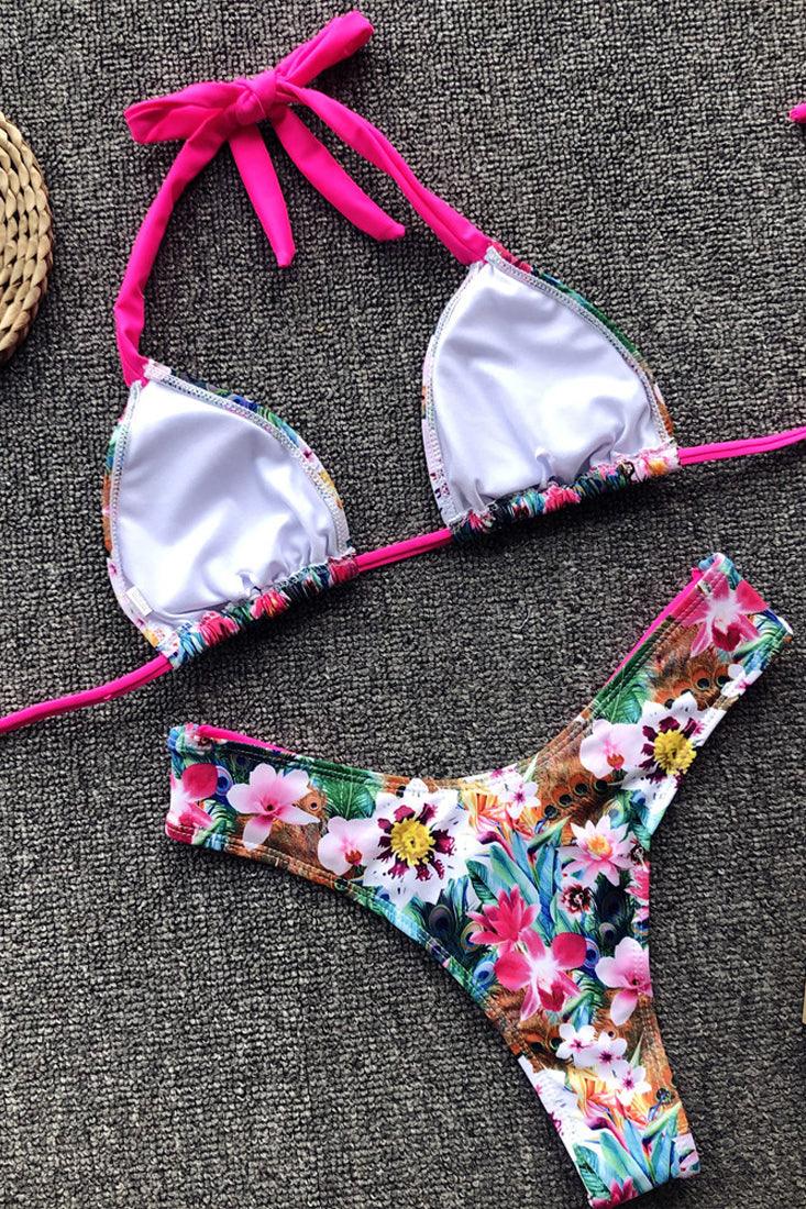 Pink Floral Print Cheeky Halter 2 Pc Swimsuit
