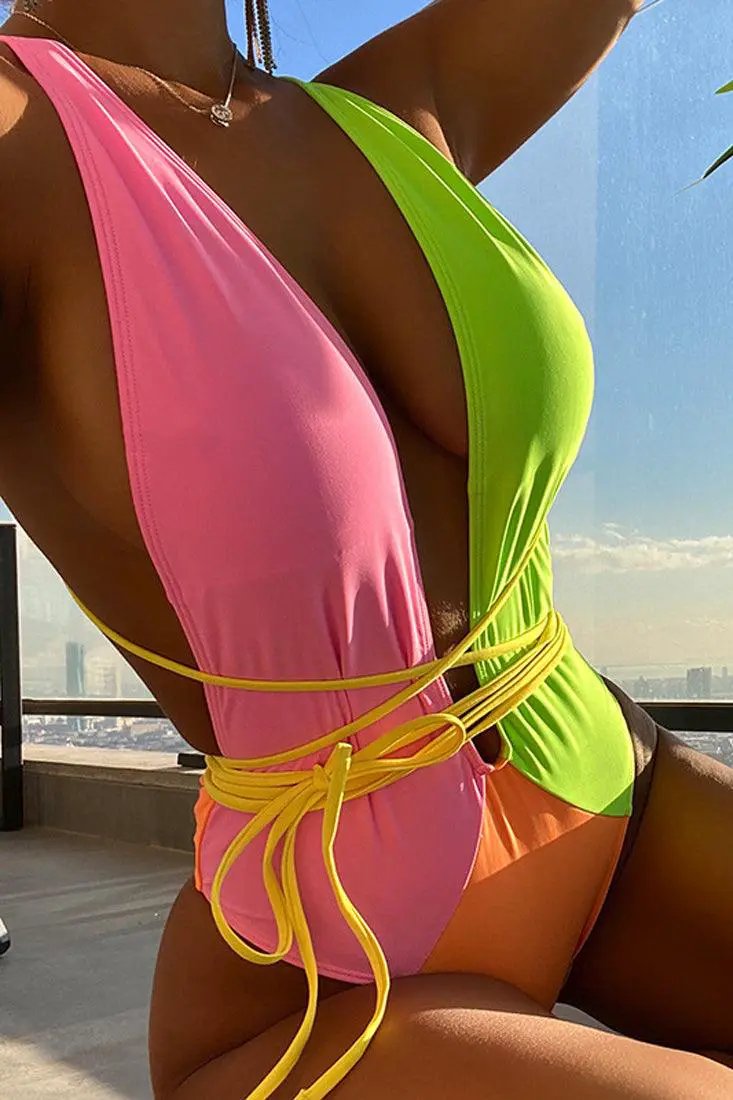 Pink Lime Colorblock Strappy One Piece Swimsuit