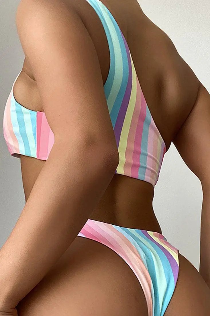 Pink Multi Striped One Shoulder Two Piece Sexy Swimsuit