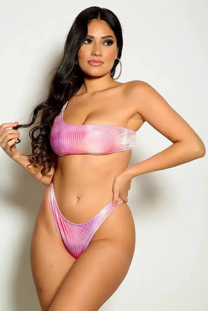 Pink Purple One Shoulder Tie dye Three Piece Swimsuit