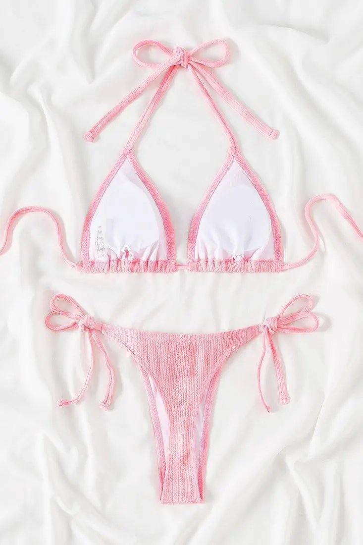 Pink Textured Tie Dye Triangle Draw String Thong Sexy 2Pc Swimsuit Bikini