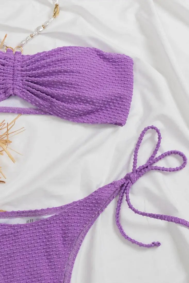 Purple Bandeau Halter Pearl Cheeky 2 Pc Sexy Swimsuit Set Bikini
