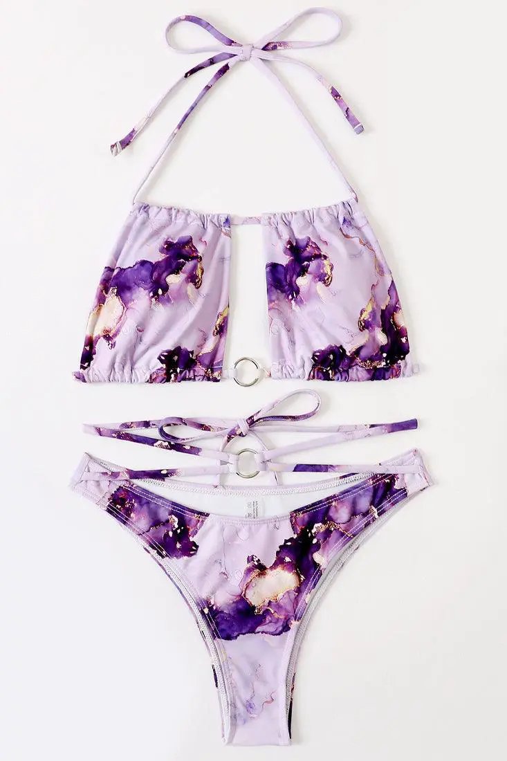 Purple Marble Design Square Halter Top Criss-Cross 2 Pc Bikini Set