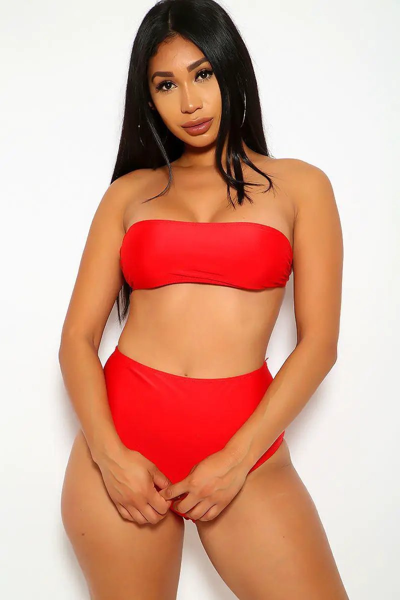 Red Bandeau High Waisted 2 Pc. Swimsuit