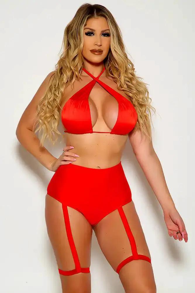 Red Cross Strap Garter High Waist Two Piece Sexy Swimsuit