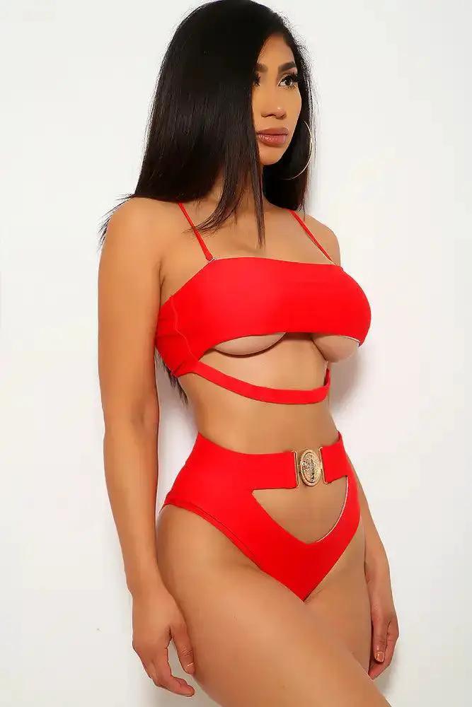 Red Cut Out Padded Two Piece Swimsuit