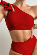 Red Cut Out Sexy Ruffled One Shoulder Two Piece Swimsuit