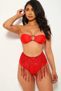 Red Fringe Sequins Bandeau Two Piece Swimsuit