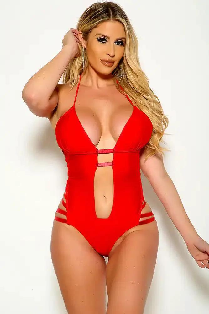 Red Halter strappy One Piece Swimsuit
