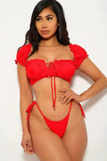 Red Short Sleeve Ruffled Two Piece Swimsuit