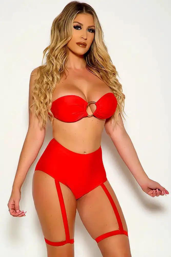 Red Strapless Bandeau O-Ring High Waist Garter Two Piece Swimsuit