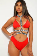 Red Three Piece Harness Graphic Print Swimsuit