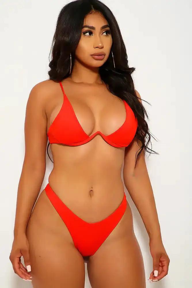 Red V Wire Two Piece Swimsuit