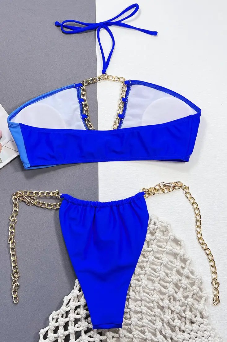 Royal Blue Color Block Gold Chain Cheeky 2 Pc Swimsuit Bikini