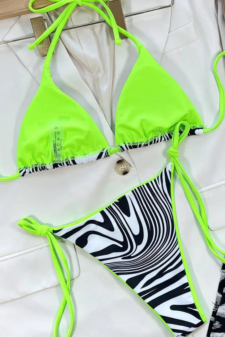 Sexy 2pc Zebra Print Cheeky Bikini Lime Trim