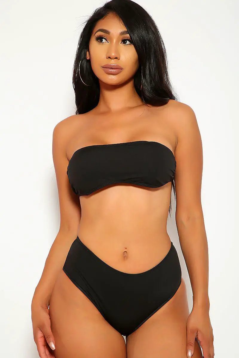 Sexy Black Bandeau High Waist Two Piece Swimsuit