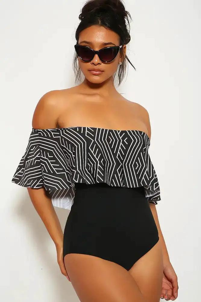 Sexy Black Two Tone Ruffled Hem Bandeau One Piece Swimsuit