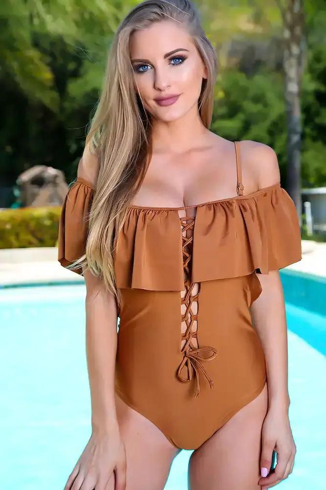 Sexy Coffee Ruffle Lace Up One Piece Swimsuit