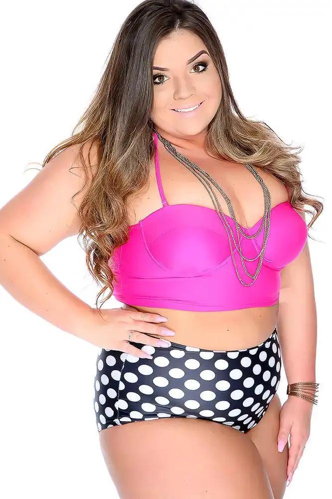 Sexy Fuschia Black Two Piece Halter Top Polka Dot Bottom Swimsuit