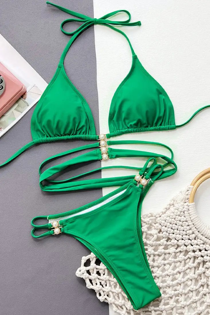 Sexy Green Strappy Triangle Cheeky Pearl Gold 2pc Swimsuit Bikini
